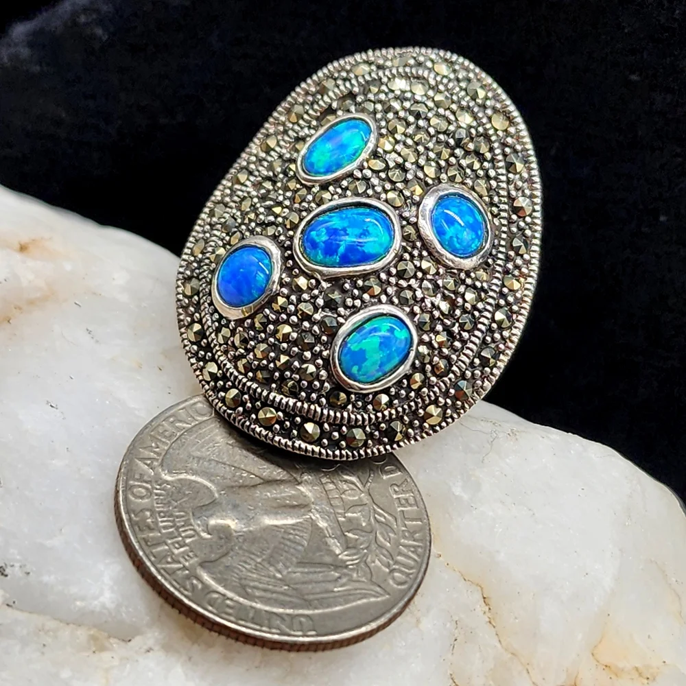 Silver Ring 925 Designer Ring Nlue Opal Stones Swiss Marcasite Mineral Crystals